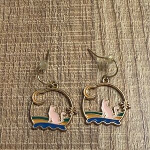 Cat and Moon Dangle Earrings Colorful